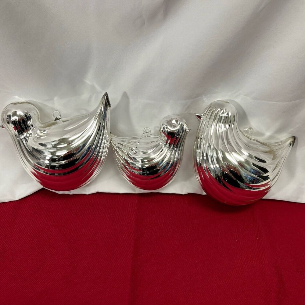 Silver Glass Blown Partridge Bird Christmas Ornaments 3 Exquisite & Classy